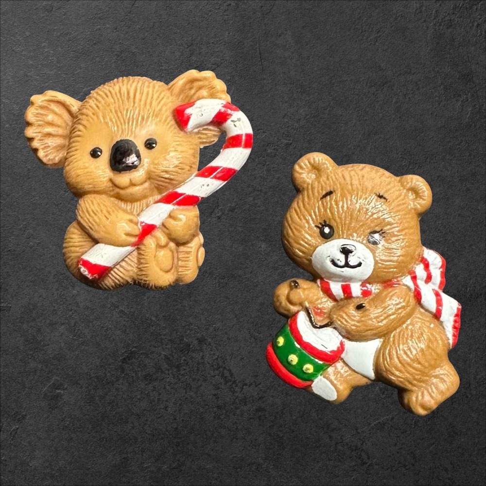 Vintage Christmas Brooch Lot Hallmark‎ Koala Russ Bear Holiday Pins Set